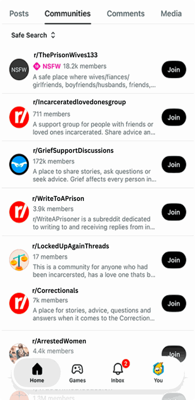 Reddit community search results